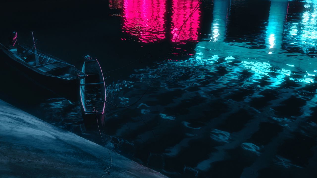 Обои лодки, вода, ночь, темный, отражение