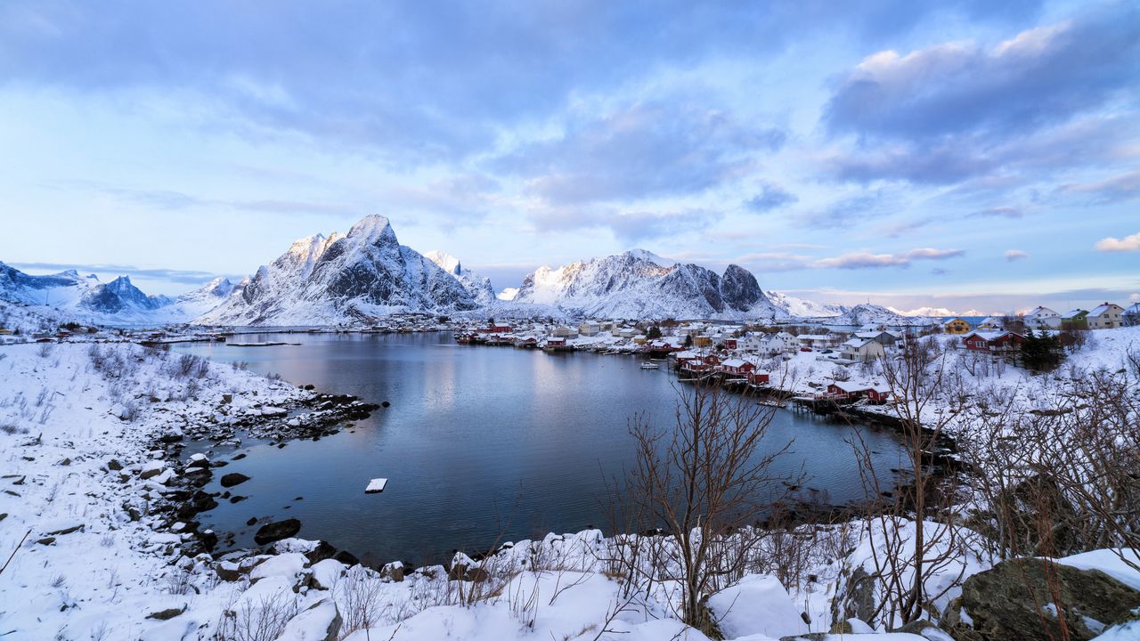Обои лофотен, норвегия, горы, озеро, зима