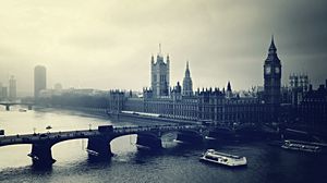 Превью обои лондон, би бен, london, big ben, вечер, река, здания, вид сверху, чб