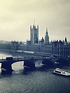 Превью обои лондон, би бен, london, big ben, вечер, река, здания, вид сверху, чб