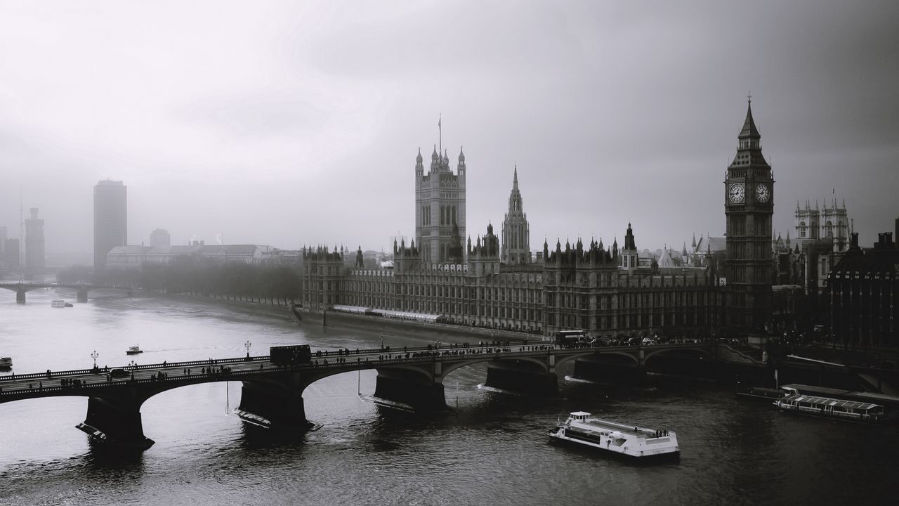Обои london, лондон, туман, река, мост, биг бен, big ben, чб