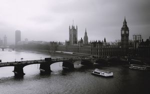 Превью обои london, лондон, туман, река, мост, биг бен, big ben, чб