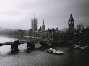 Превью обои london, лондон, туман, река, мост, биг бен, big ben, чб