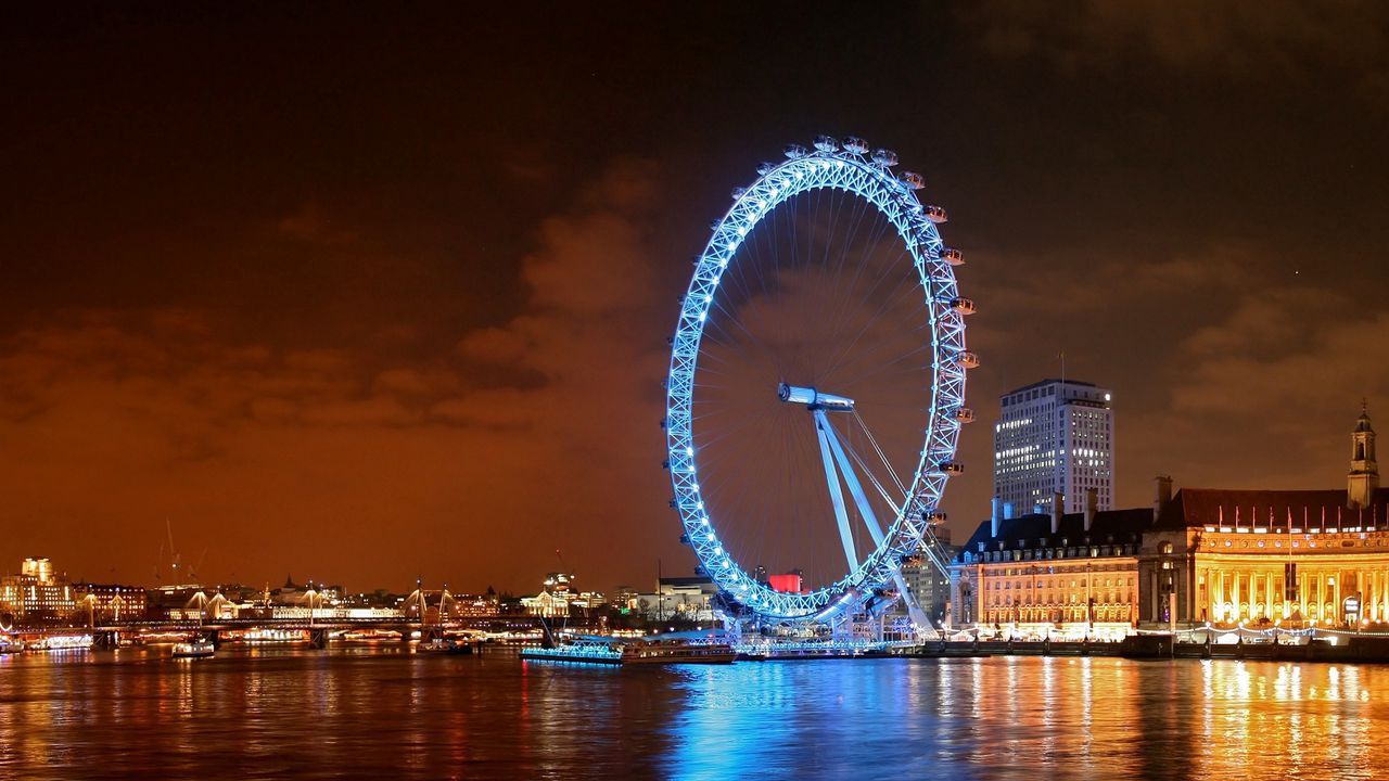 Обои лондон, ночь, здания, река, колесо обозрения