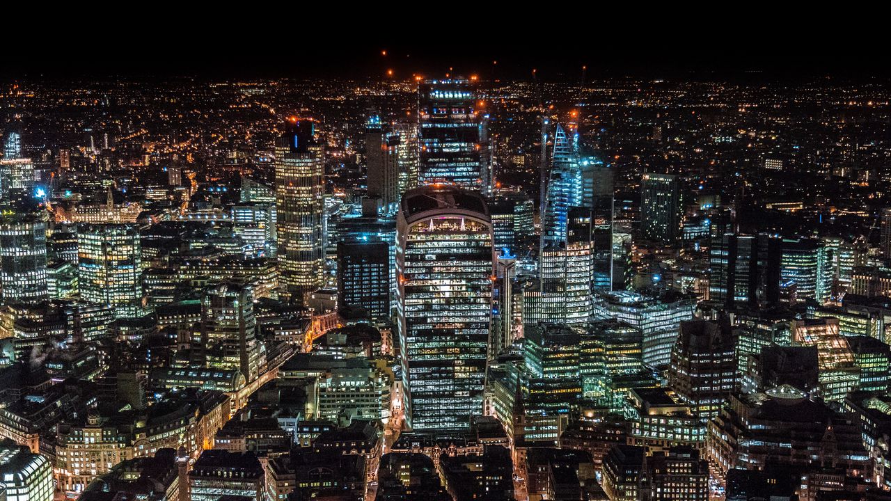 Обои лондон, великобритания, небоскребы, вид сверху, ночной город