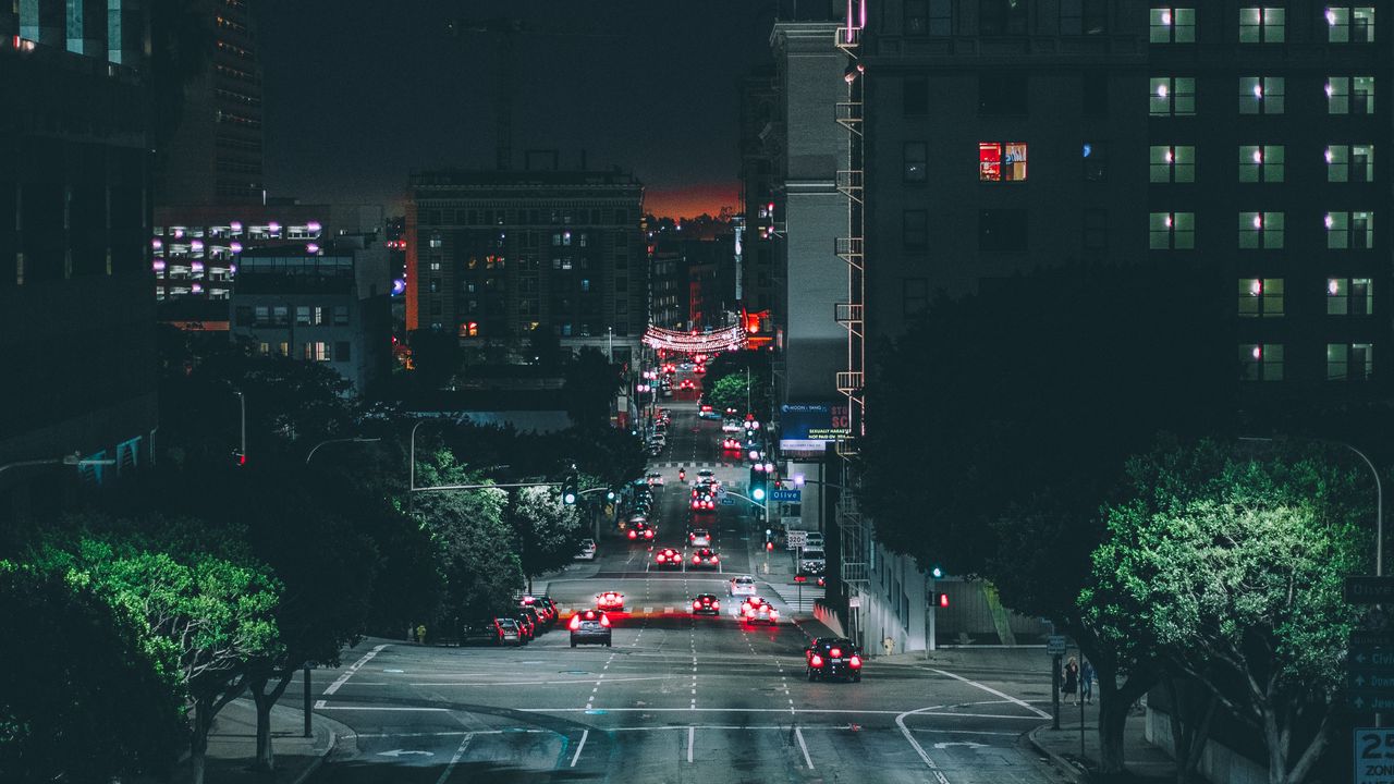 Обои лос-анджелес, ночной город, дорога, движение