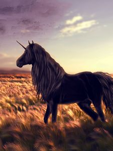 Превью обои лошадь, единорог, поле, арт, трава, ветер
