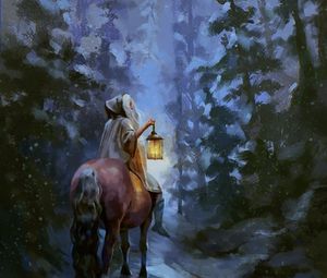 Превью обои лошадь, путник, снег