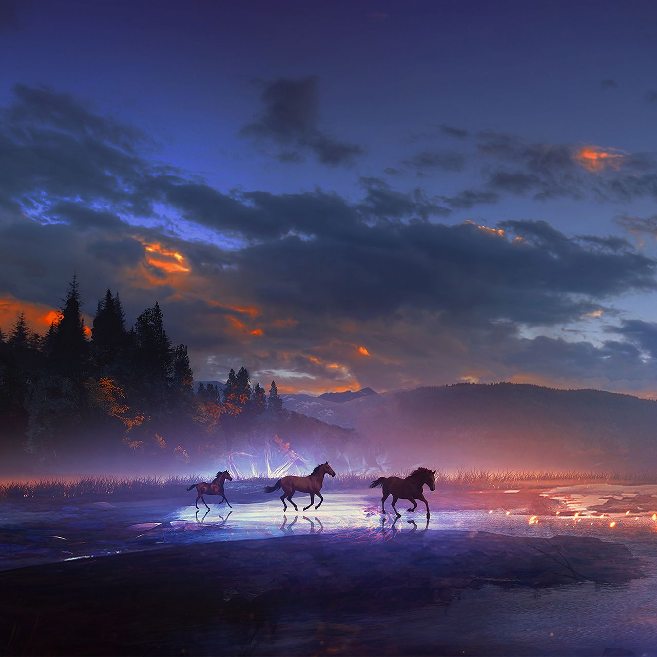 Ночной пейзаж с лошадьми