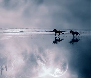 Превью обои лошади, море, берег, пара, бежать, вечер