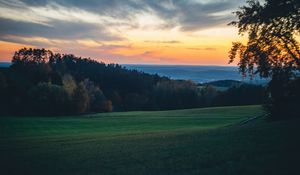 Превью обои луг, деревья, закат, пейзаж, природа