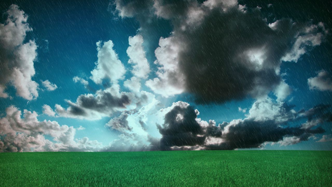 Обои луг, облака, поле, дождь