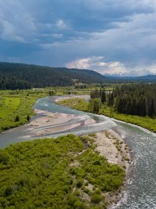 Превью обои луг, река, деревья, пейзаж