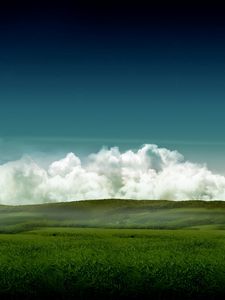 Превью обои луга, поля, облака, небо, объемные, цвета, дымка, трава, лето, зеленый, след