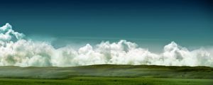 Превью обои луга, поля, облака, небо, объемные, цвета, дымка, трава, лето, зеленый, след