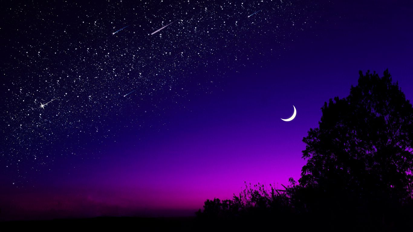 1366x768 Обои луна, дерево, звездное небо, ночь, звезды, темный