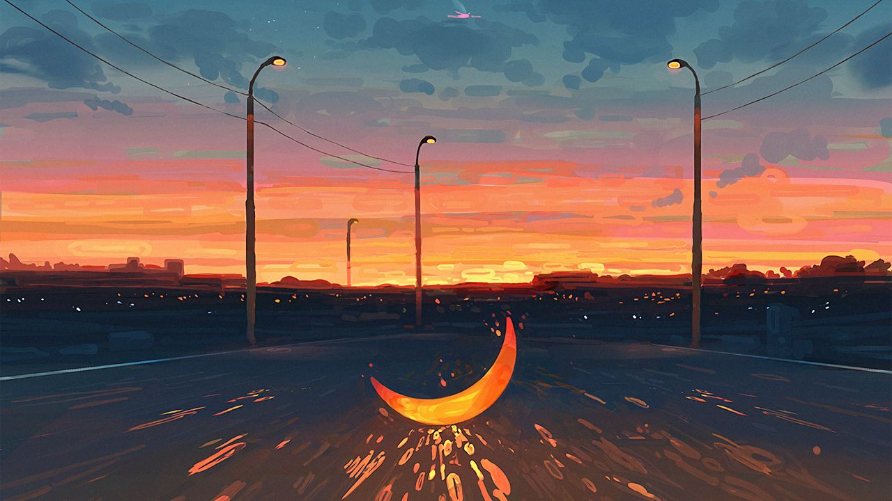 Обои луна, дорога, арт, иллюзия