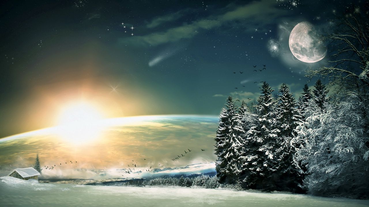 Обои луна, ели, птицы, лес, солнце, свет, зима, снег, фантастика, звезды, спуск