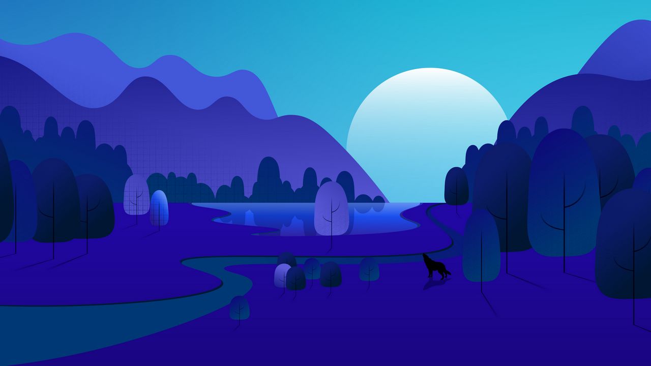 Обои луна, горы, деревья, вектор, анимация, арт, синий