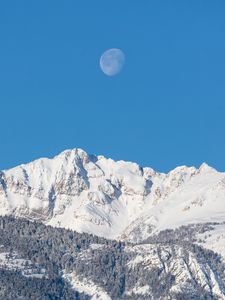 Превью обои луна, горы, лес, снег, снежный