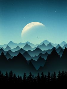 Превью обои луна, горы, вершины, деревья, арт