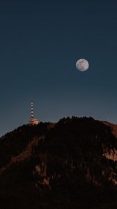 Превью обои луна, холм, башня, деревья