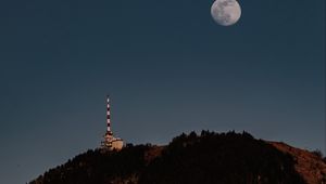 Превью обои луна, холм, башня, деревья