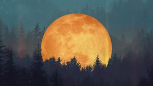 Превью обои луна, лес, деревья, иллюзия, арт