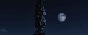 Превью обои луна, ночь, космос, станция, спутники, башня