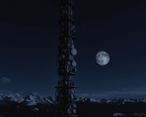 Превью обои луна, ночь, космос, станция, спутники, башня