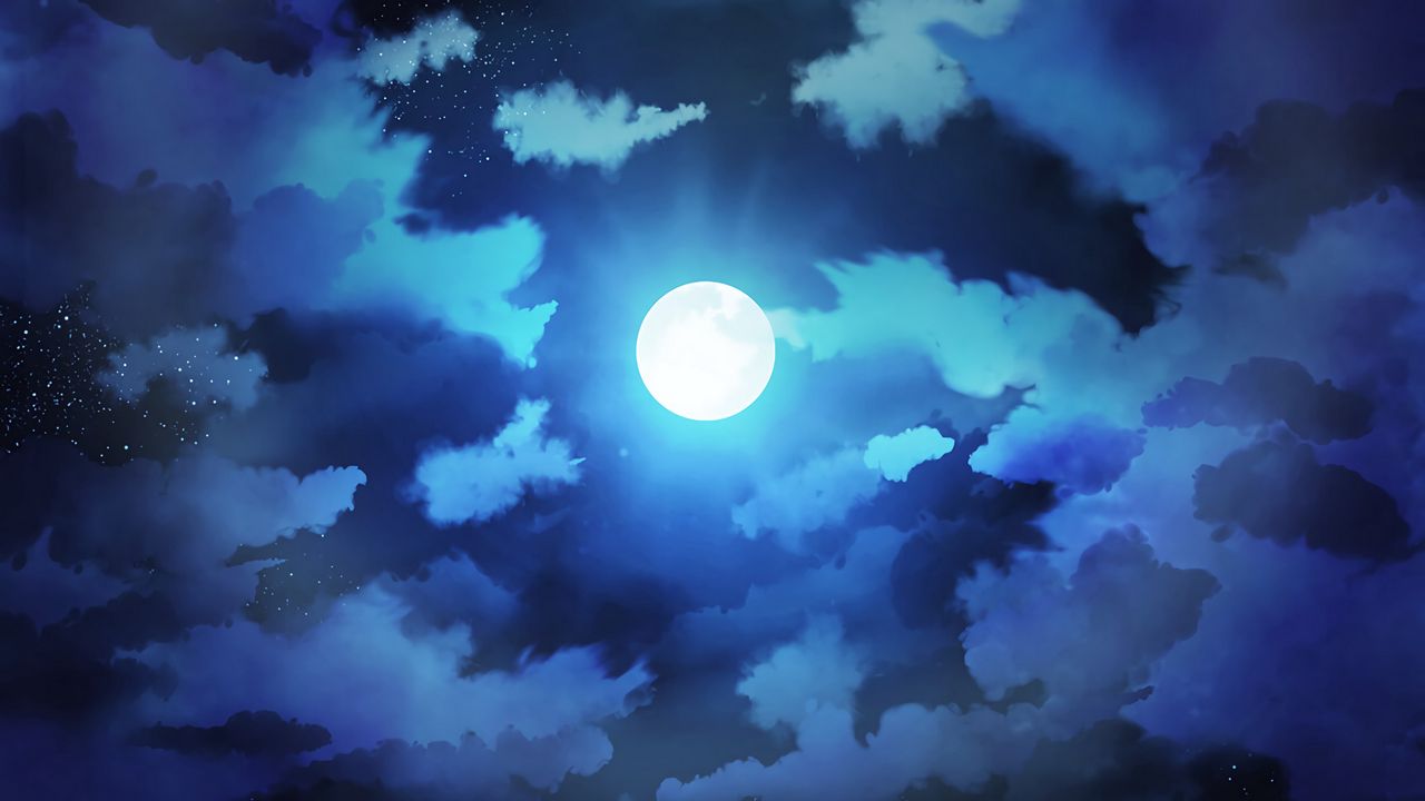 Обои луна, ночь, облака, море, горизонт, звезды