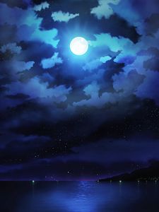 Превью обои луна, ночь, облака, море, горизонт, звезды