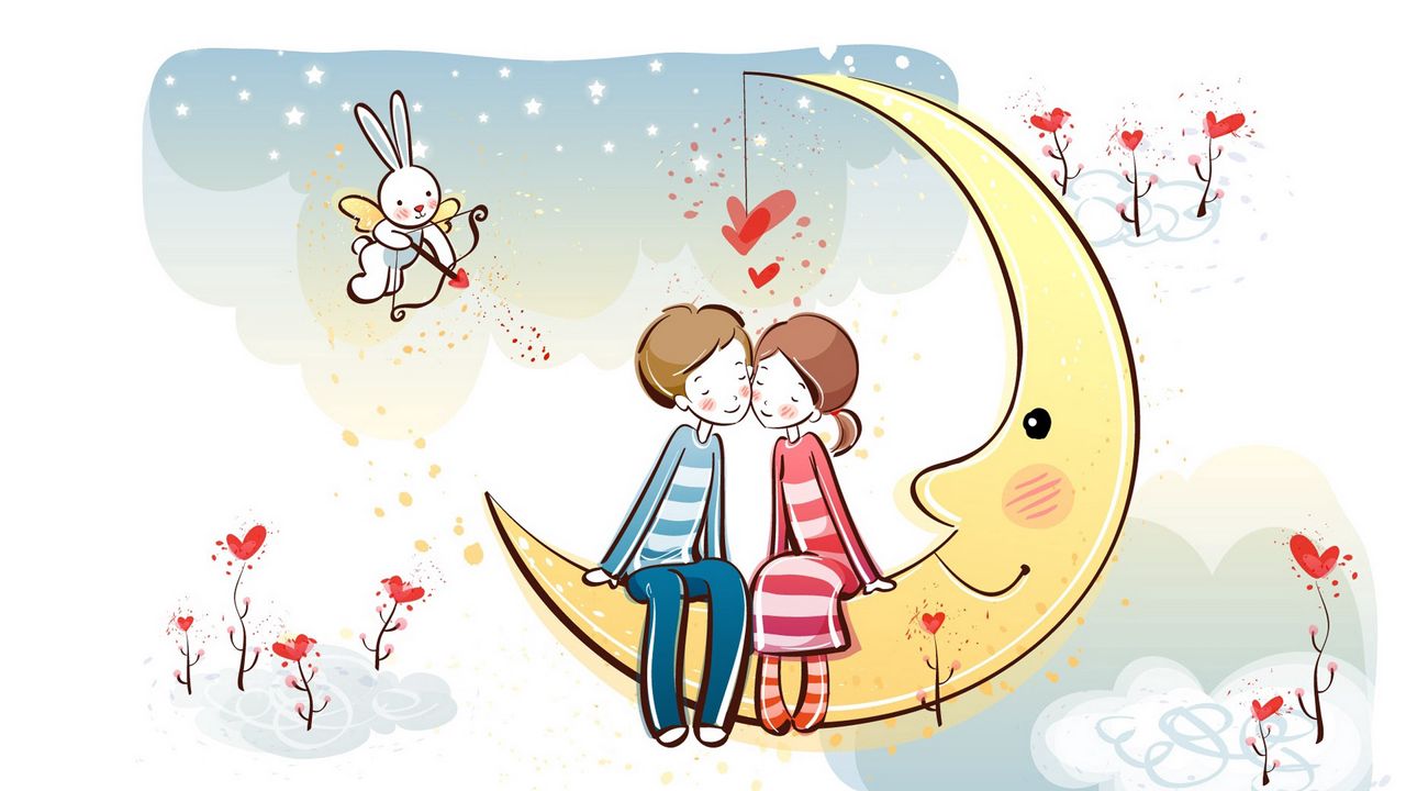 Обои луна, пара, любовь, романтика