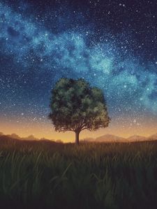Превью обои лужайка, дерево, ночь, звездное небо, темный