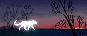 Превью обои львица, хищник, свечение, ночь, деревья, арт