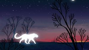 Превью обои львица, хищник, свечение, ночь, деревья, арт