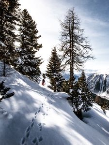 Превью обои лыжник, горы, снег, следы