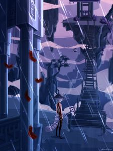 Превью обои маг, лестница, дождь, аниме
