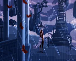 Превью обои маг, лестница, дождь, аниме