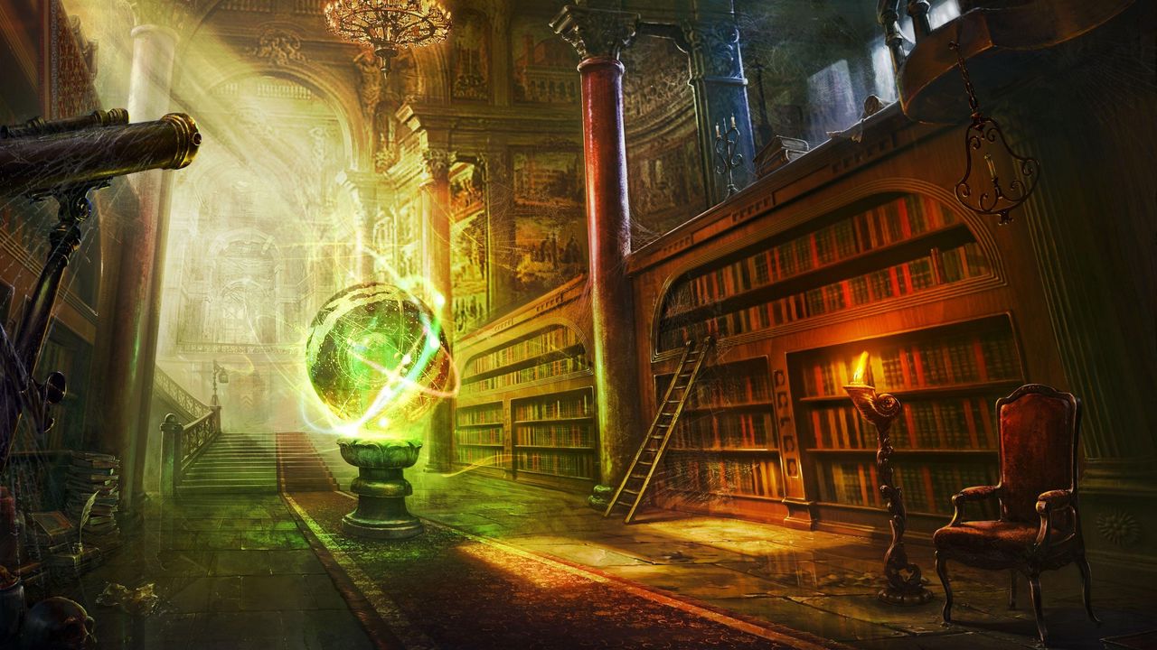 Обои магия, шар, библиотека, колонны, замок
