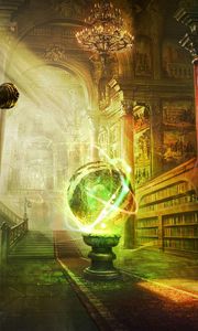 Превью обои магия, шар, библиотека, колонны, замок