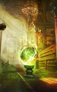 Превью обои магия, шар, библиотека, колонны, замок