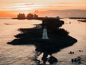 Превью обои маяк, башня, остров, море, здания, закат