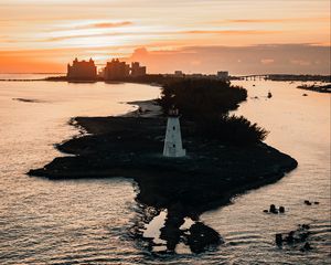 Превью обои маяк, башня, остров, море, здания, закат