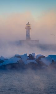 Превью обои маяк, камни, море, туман