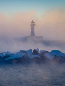 Превью обои маяк, камни, море, туман