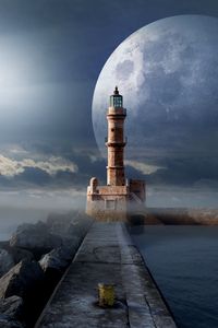 Превью обои маяк, луна, пирс, море