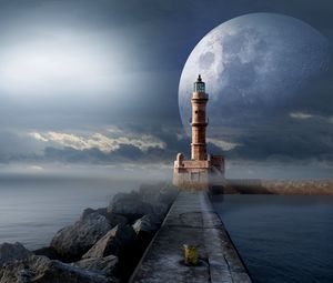 Превью обои маяк, луна, пирс, море