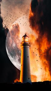 Превью обои маяк, луна, пламя, дым, птицы, ночь
