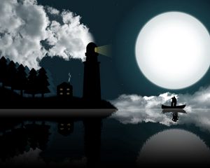 Превью обои маяк, море, берег, свет, небо, лодка, лес, луна